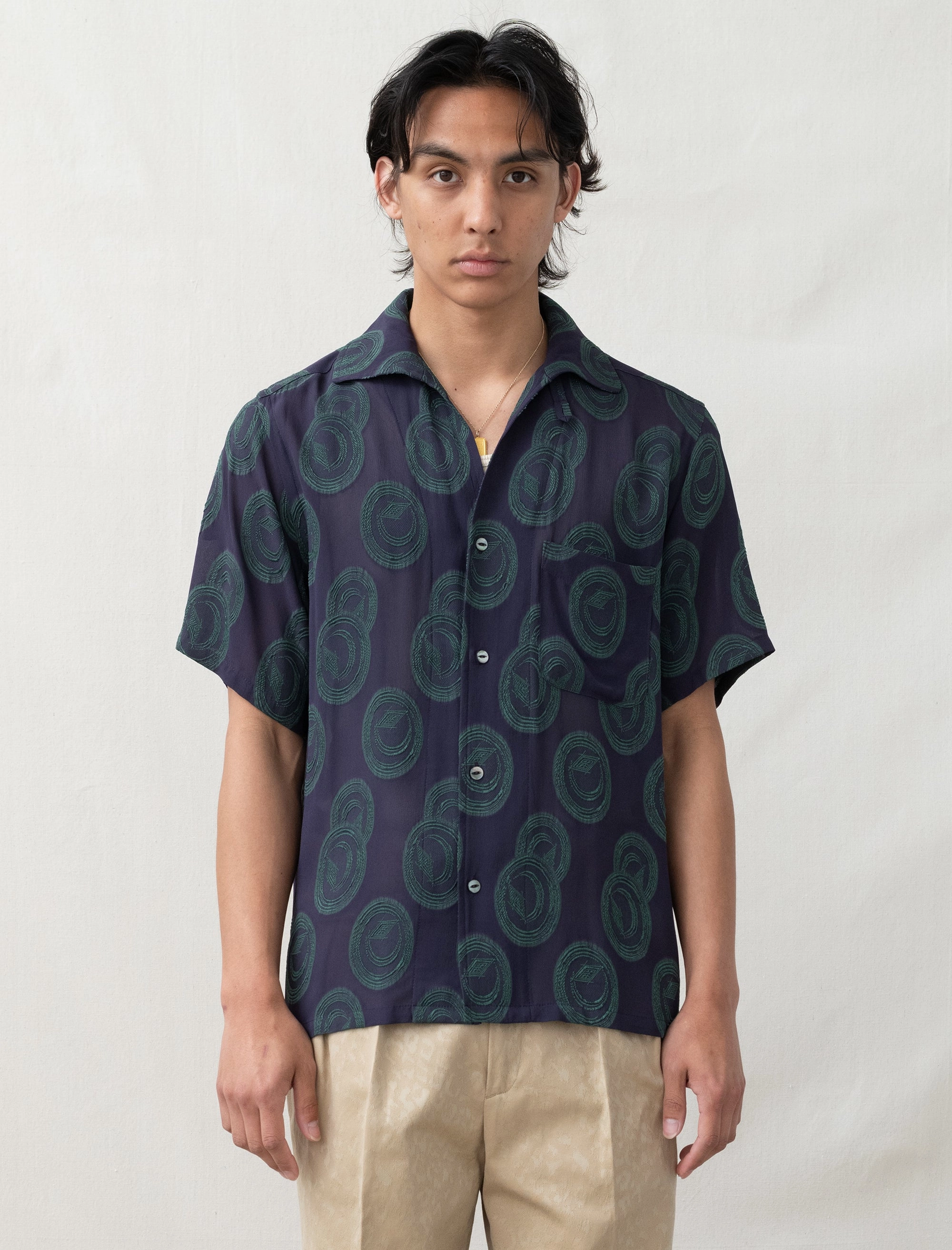 RelaxedSilhouette Ergonomic Cut Italian Collar Shirt (Purple/Green)