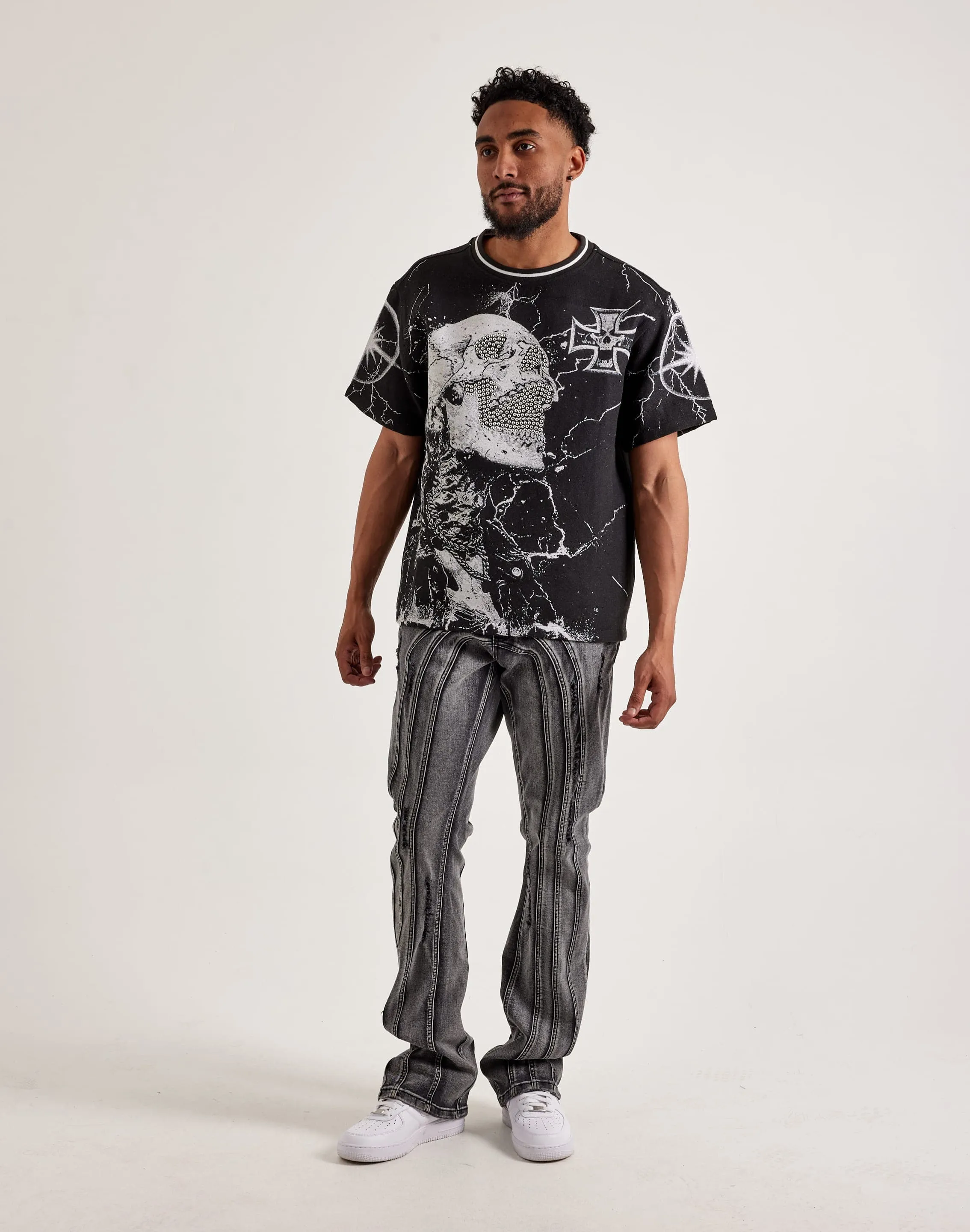 WrinkleResistant Kilogram Centric Moto Stacked Flare Jeans