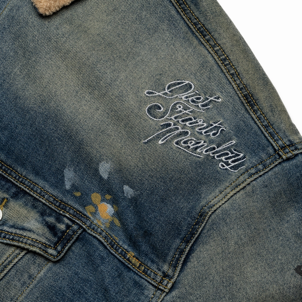 Diet Starts Monday Denim Sherpa Trucker Jacket - Indigo Sophisticated Checked