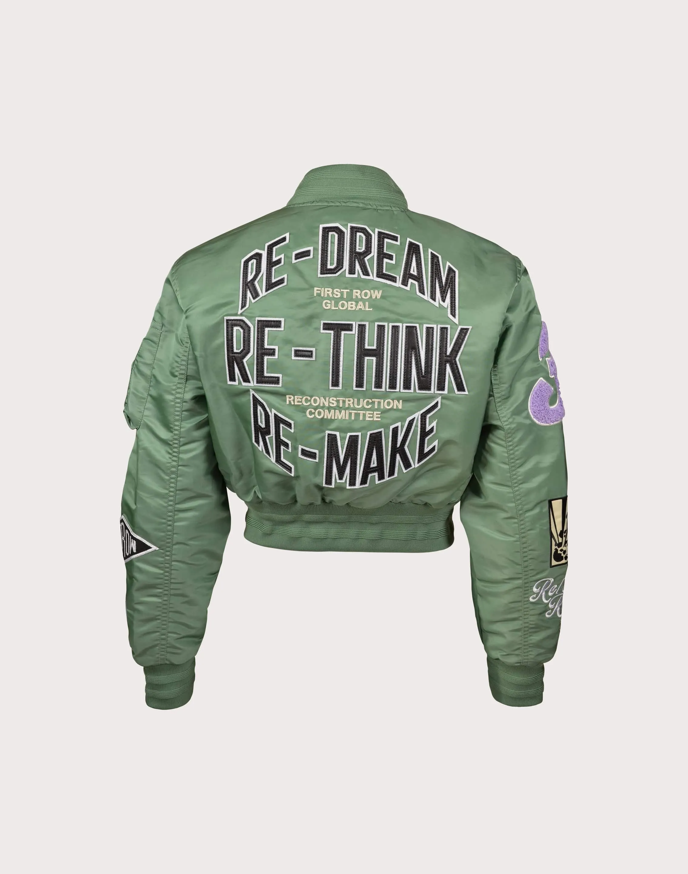 First Row Cropped Varsity Vintage Green?Jacket DoubleLayeredEdging Reflective accents
