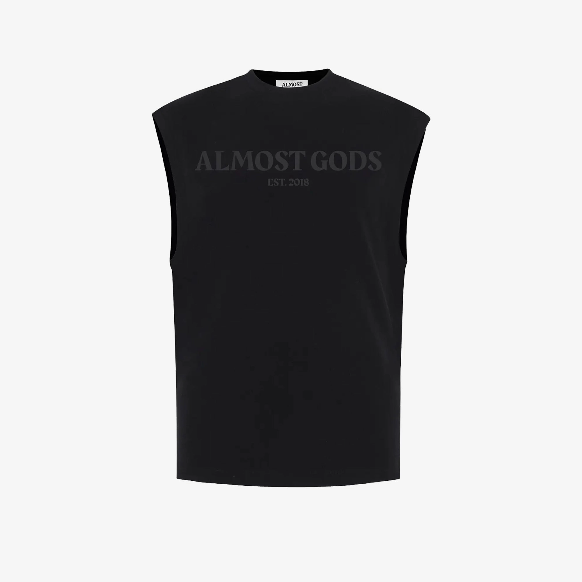 Virtual Fit ALMOST GODS | EST 2018 SLEEVELESS TEE { BLACK
