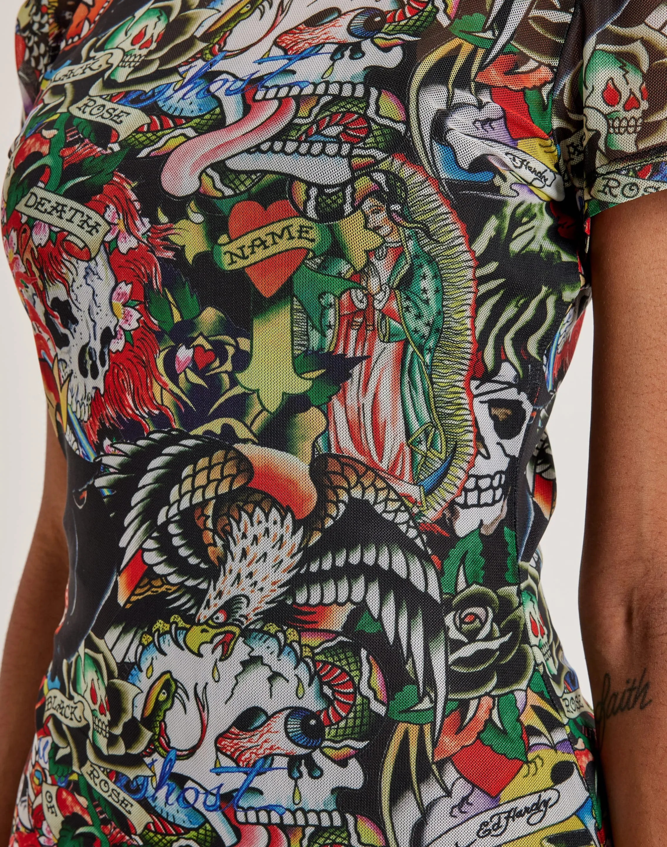 Ed Hardy Tattoo Collage Mesh Tee Dress Chic Fit Luxury Core