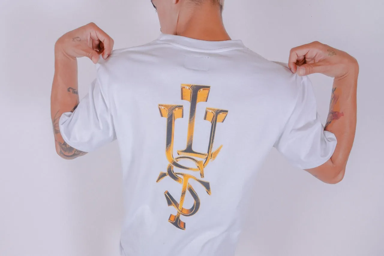 Non Iron Fabric High Collar Option Lust Brand Gold Monogram White Tee