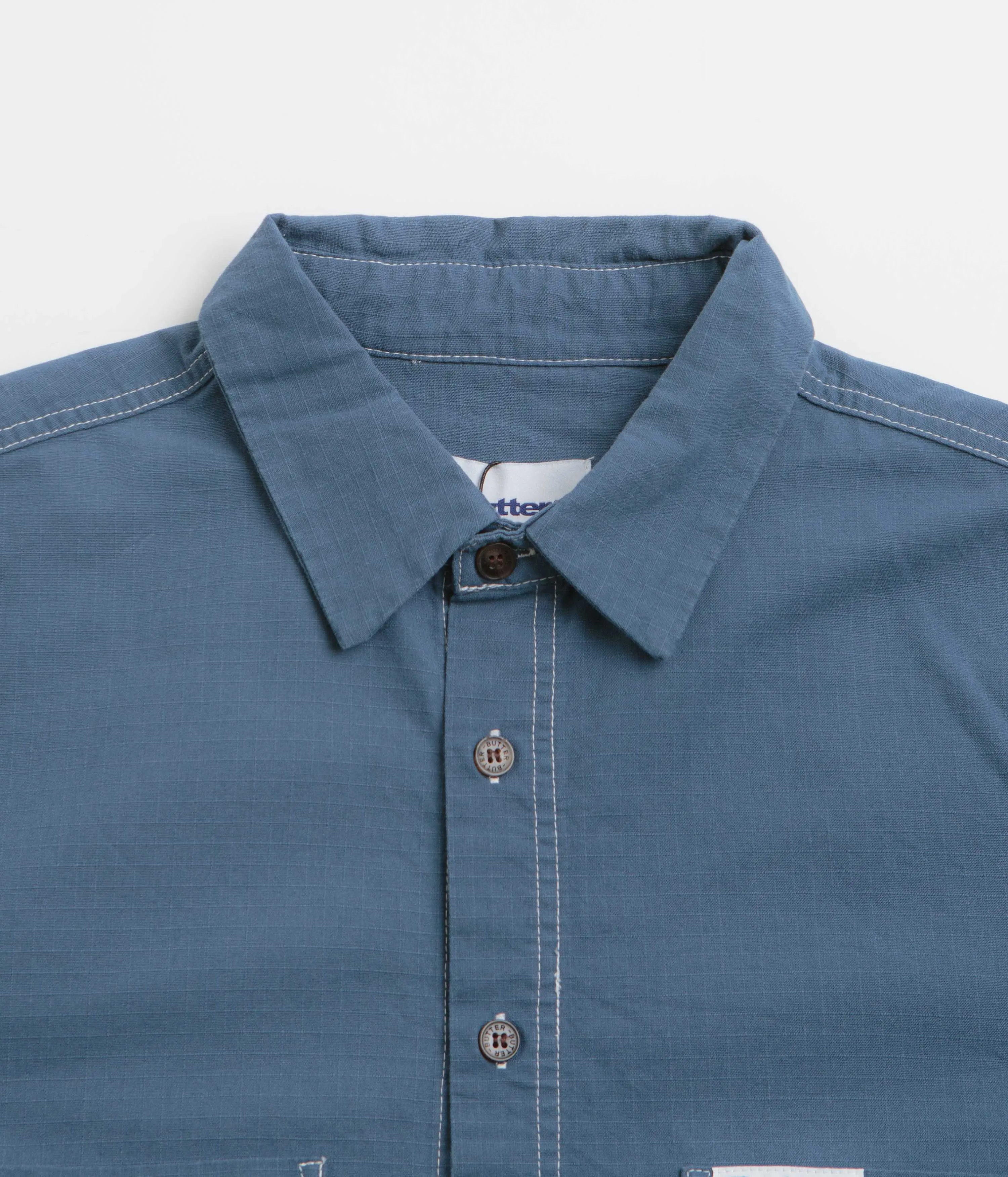 Pocket Detail Butter Goods Ripstop Button Up Shirt - Work Blue
