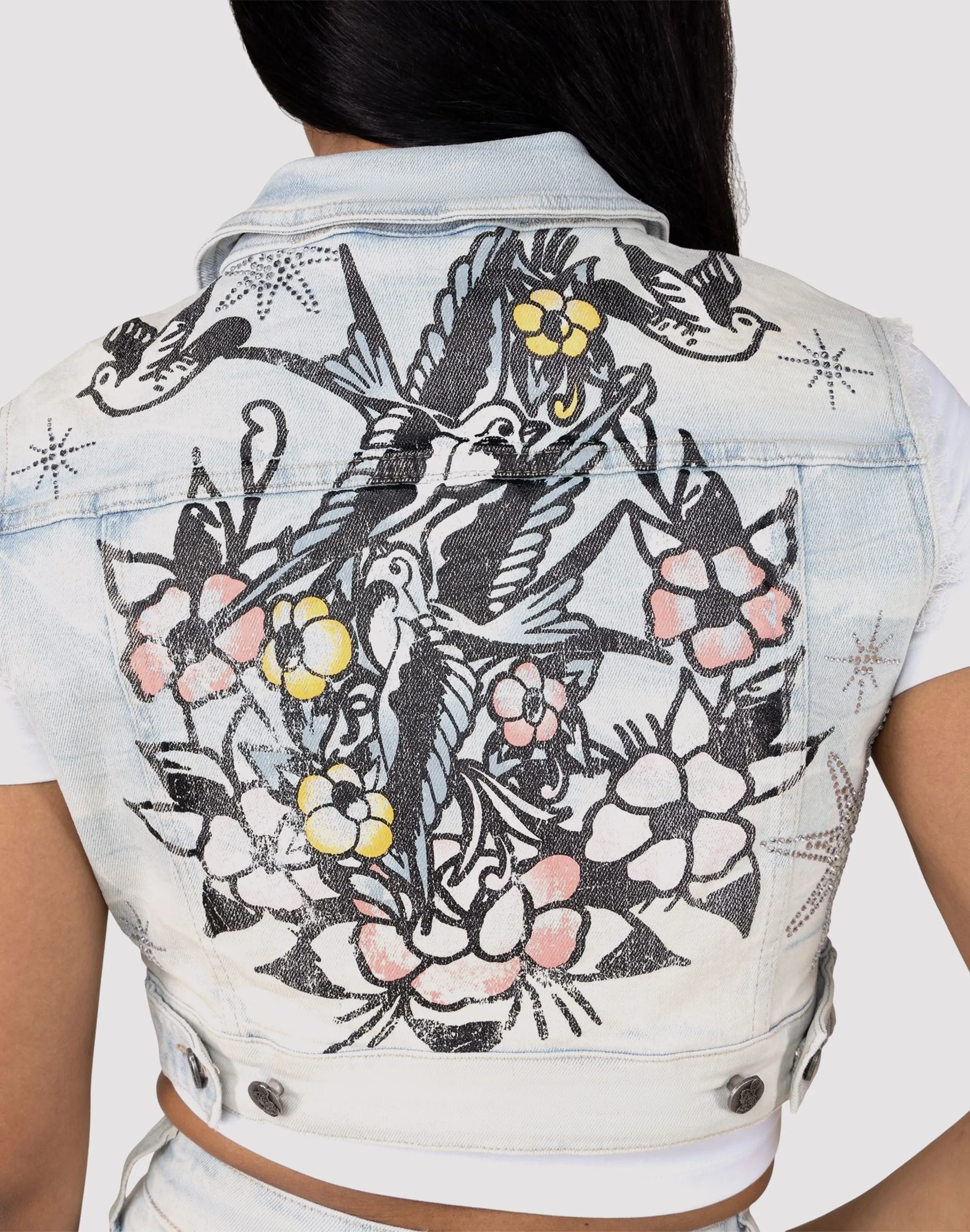 Soft Motion Smoke Rise Bird Cropped Denim Vest