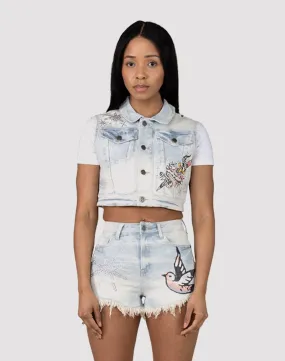 Smoke Rise Bird Cropped Denim Vest Sheer Glow Day Off