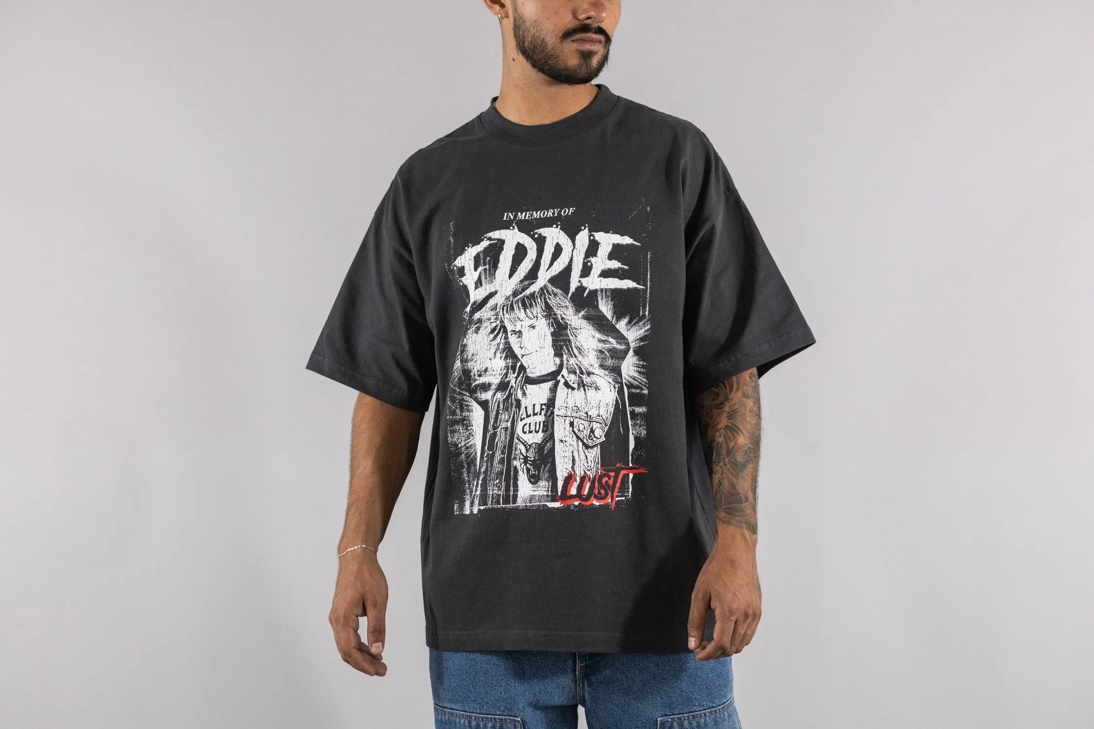 Tear Resistant Fiber Blend Bound Seam Finish Lust x Stranger Things Imo Eddie Tee