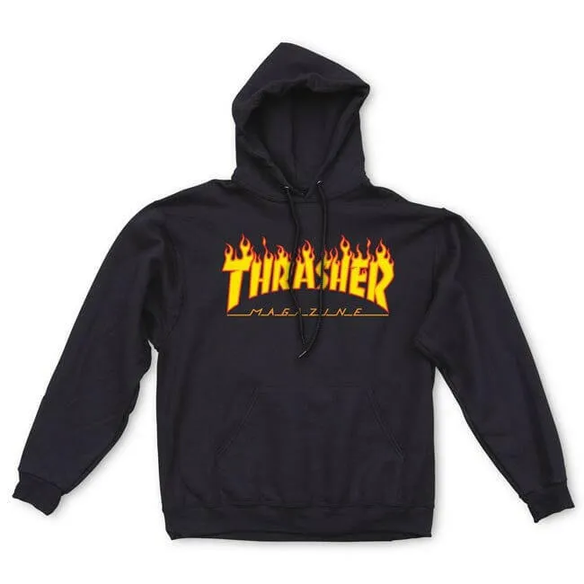 Thrasher - Flame Logo Hoodie Black Adjustable Drawstrings Reinforced Hem