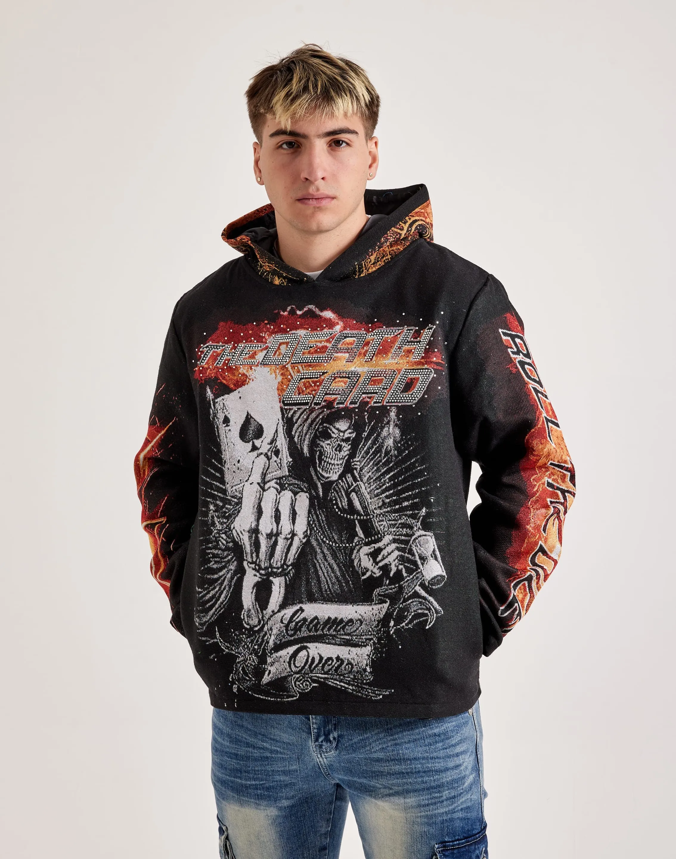 wrinkle free Majestik Death Card Rhinestone Tapestry Hoodie