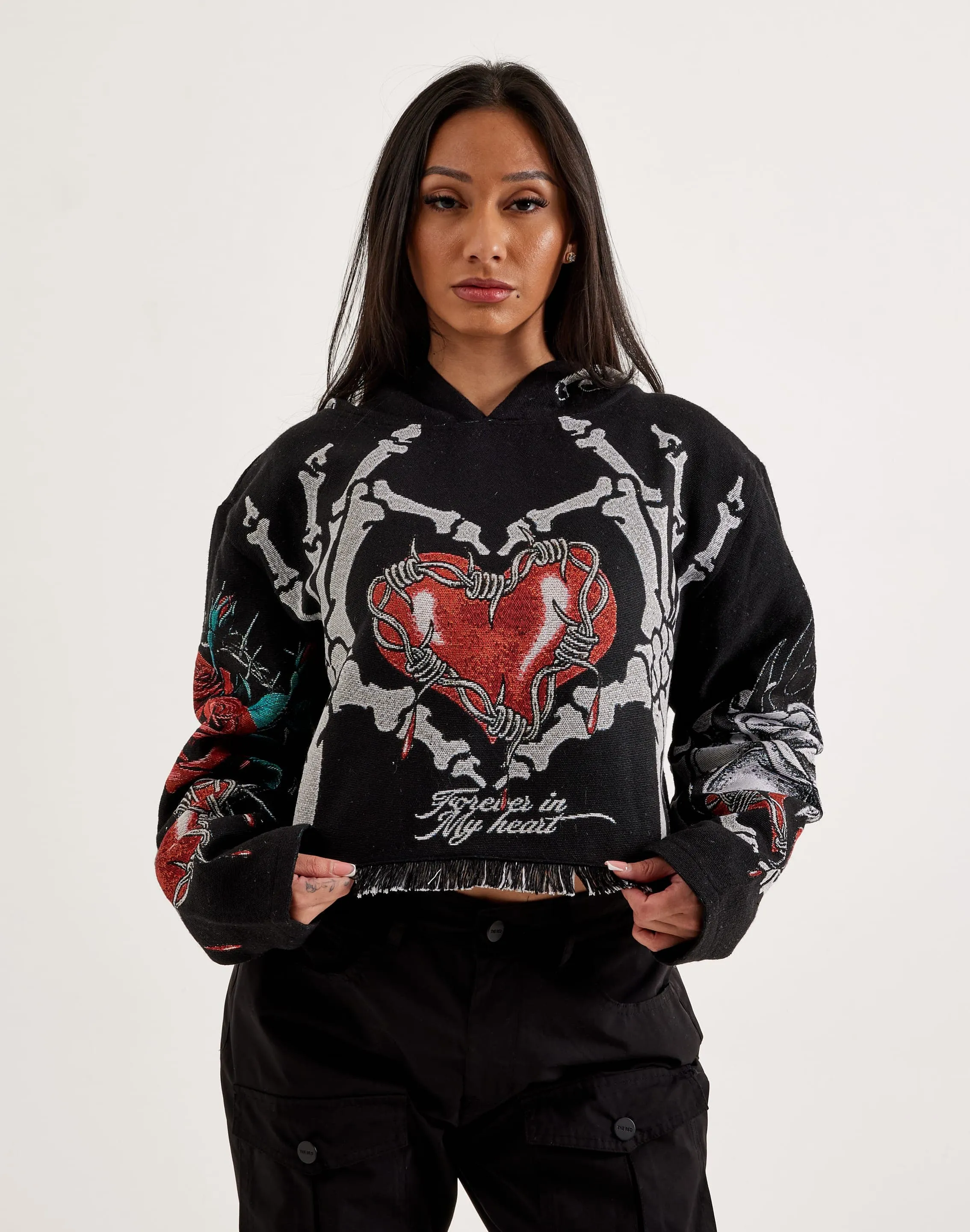 Majestik Skeleton Tapestry Cropped Hoodie LayeredNeckline Royal Ease