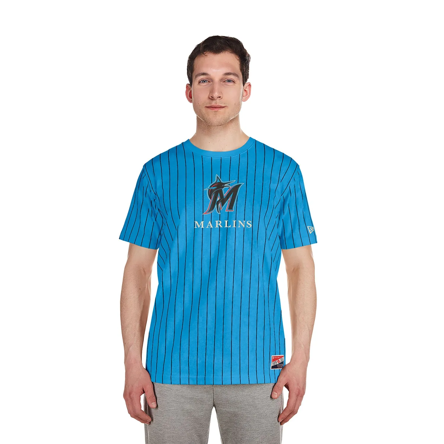 Shape Hug Marlins Team Logo Pinstripe Tee - Mens