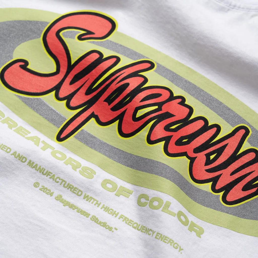 Stretchable Side Vents beaded hem Supervsn Spot Sticker Tee - White