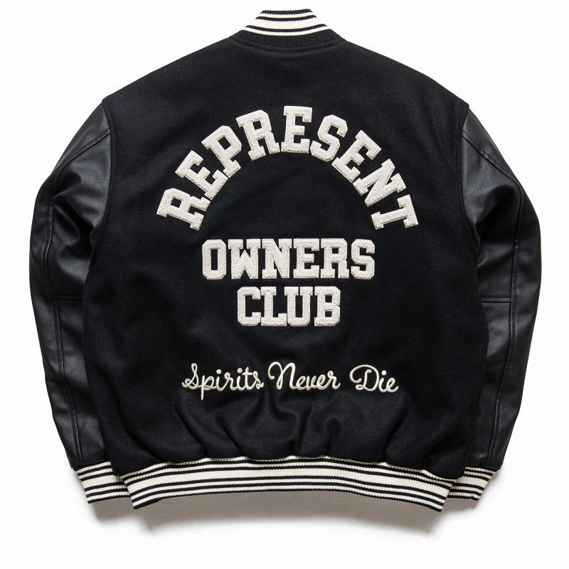 Represent Owners Club Varsity Jacket - Black Four Way Stretch Fabric Magnetic Closure Details