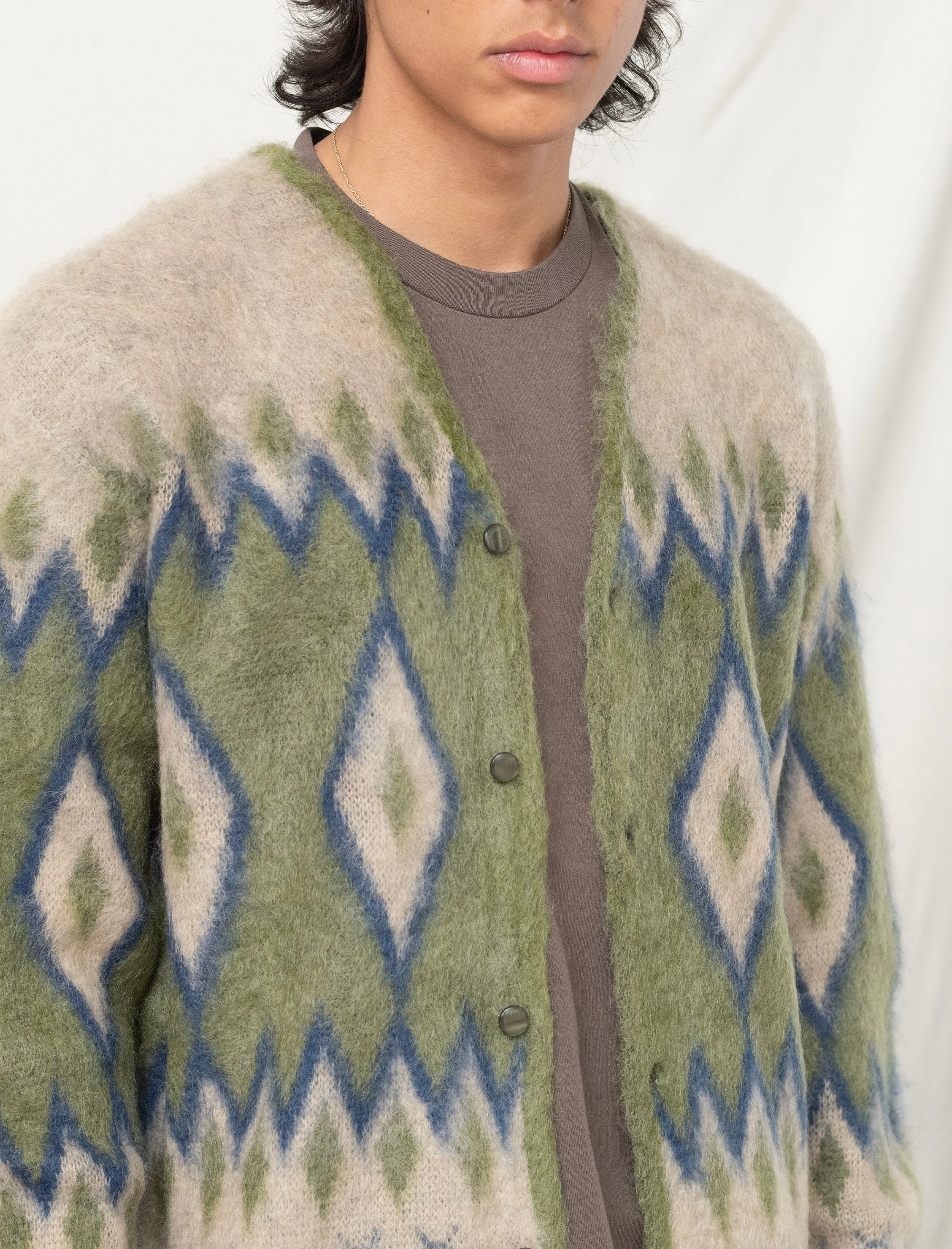 QuickAccessPockets Modern Layers Mohair Diamond Cardigan (Olive)