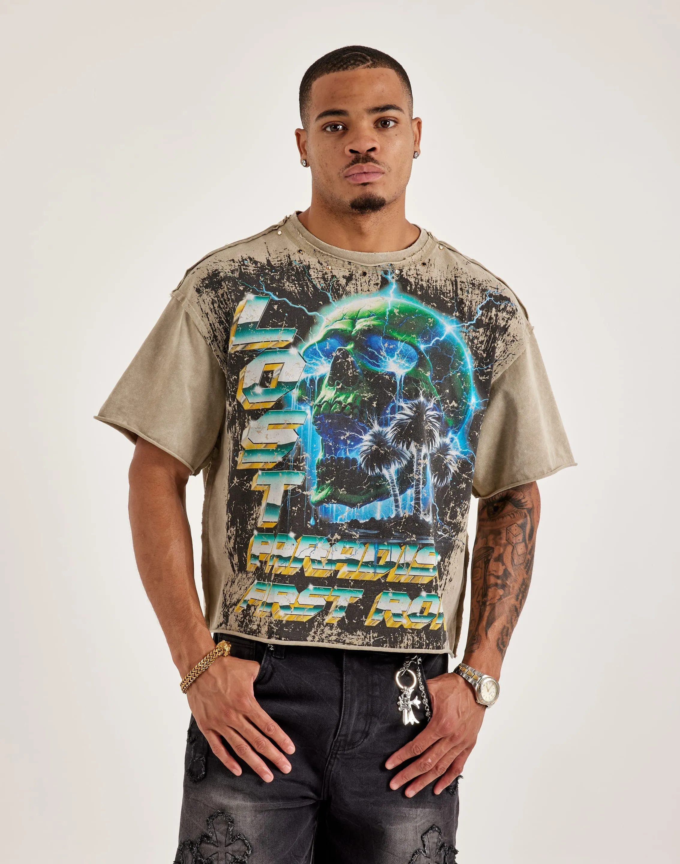 Matte Tone First Row Peace Cropped Rhinestone Tee
