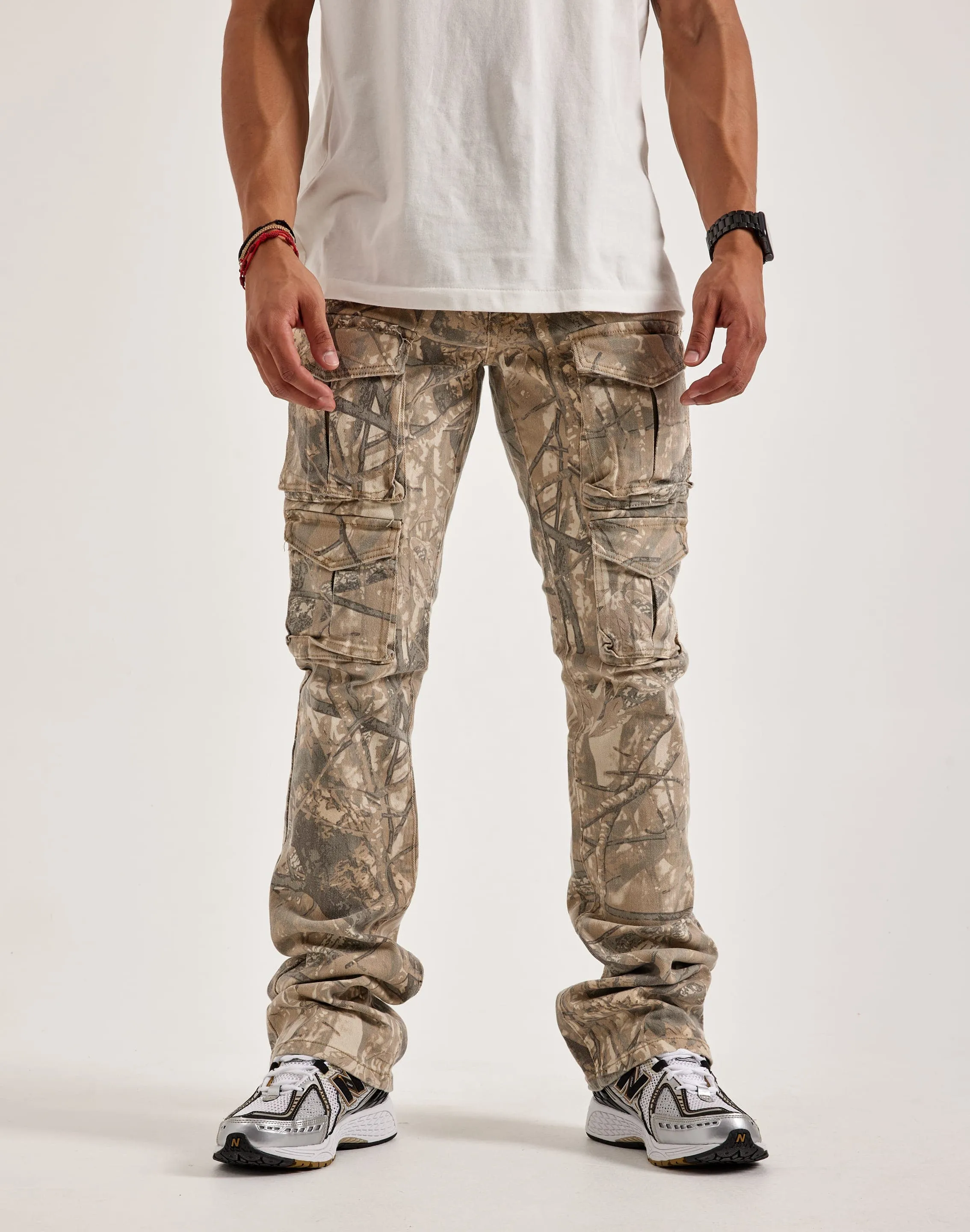 Smoke Rise Utility Stacked Flared Cargo Pants MultiPocket Design ReinforcedHem