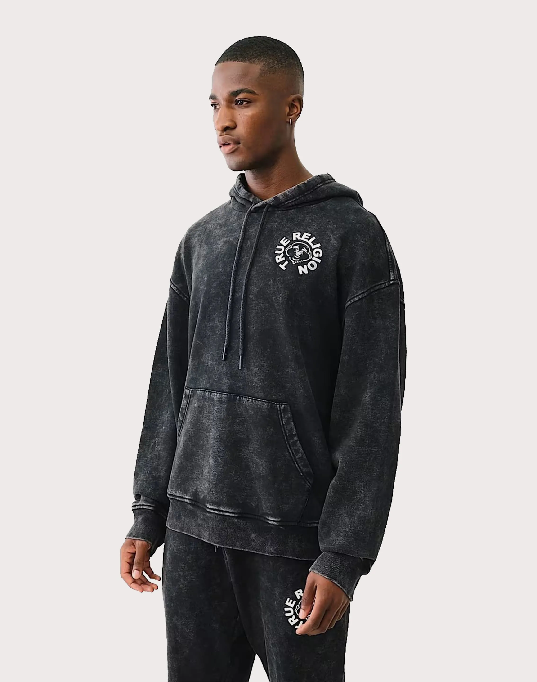 Design Edge Layered Hem Details True Religion Buddha Face Pullover Hoodie
