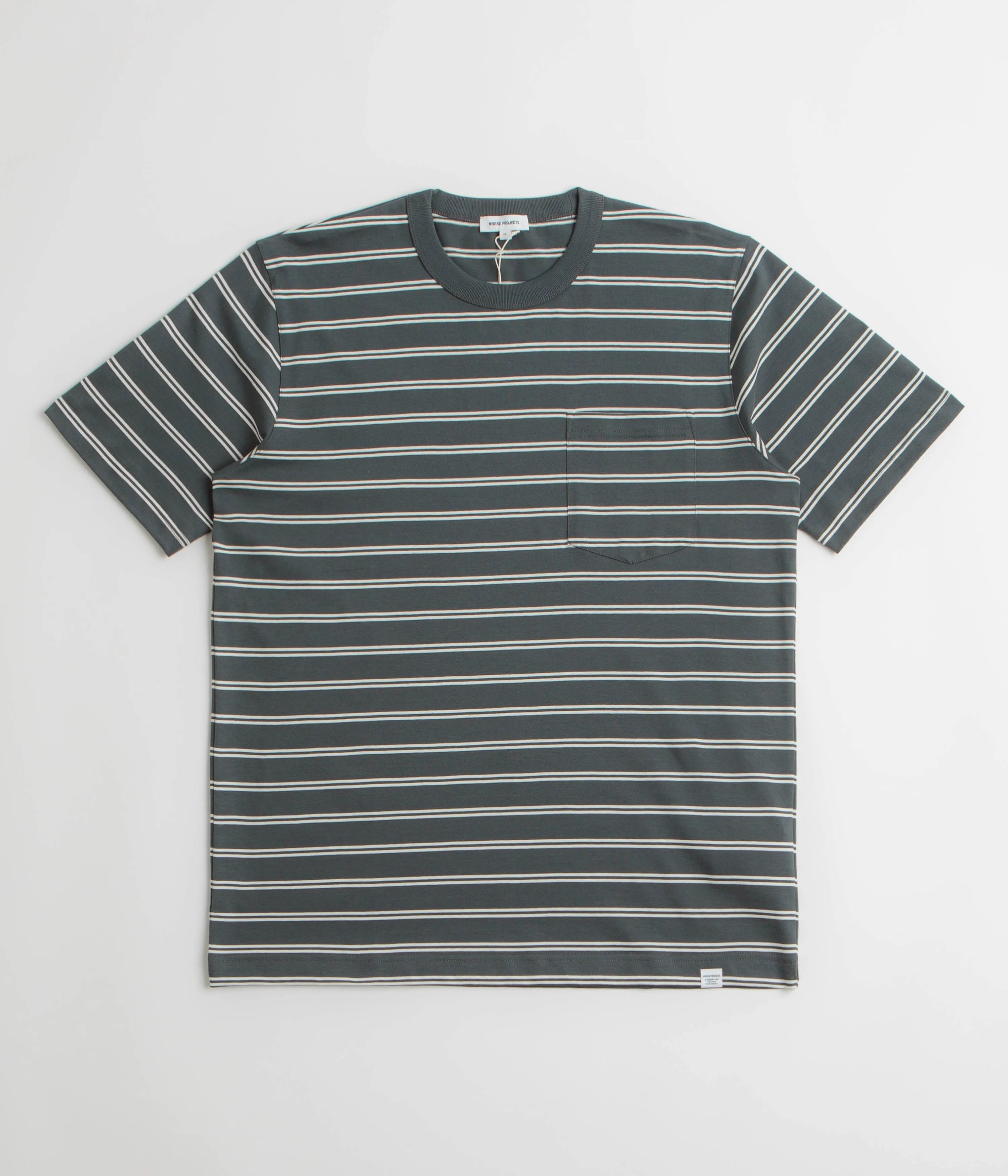Norse Projects Holger Organic Sailor Stripe Pocket T-Shirt - Battleship Grey animal hem