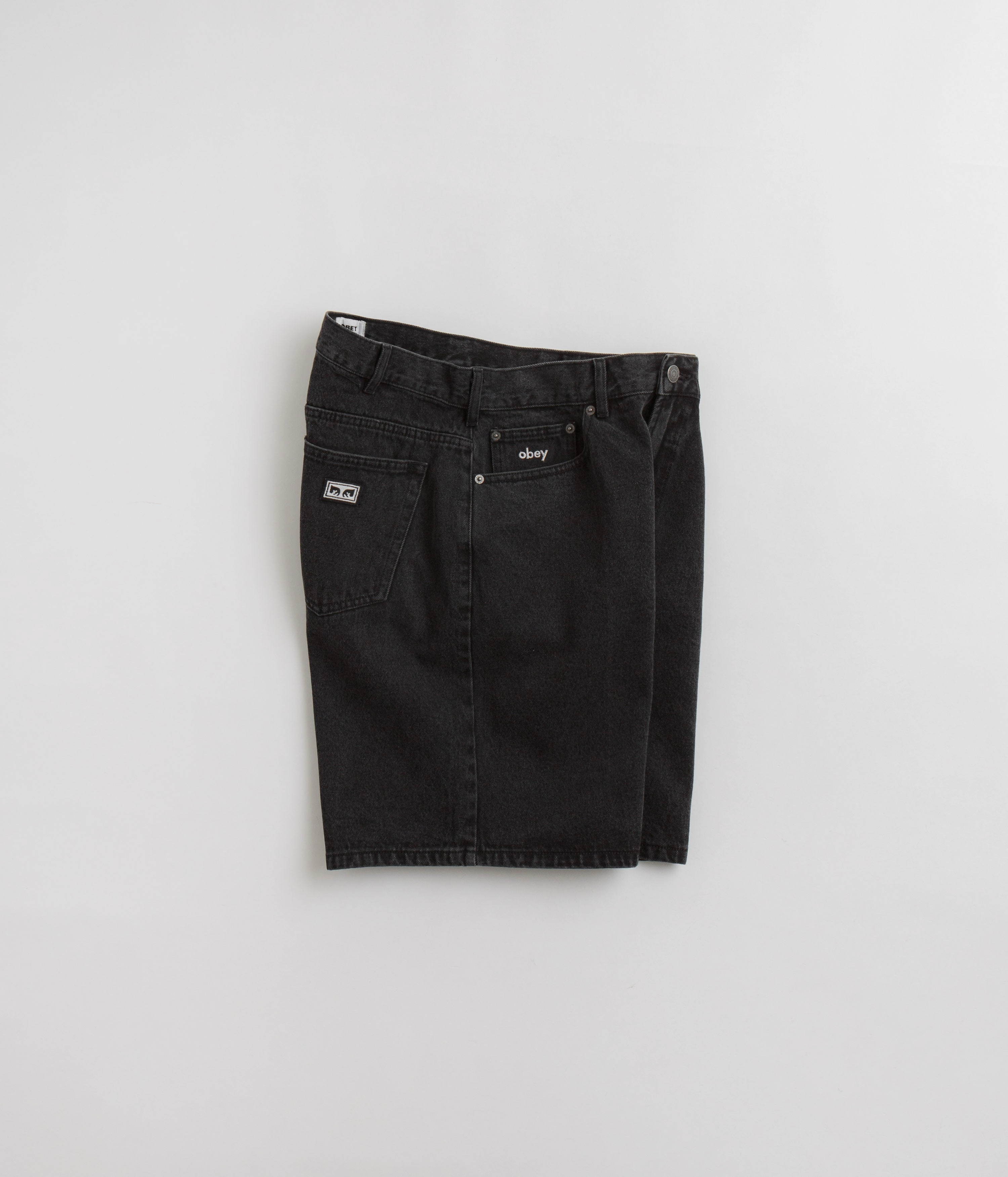 Obey Bigwig Baggy Denim Shorts - Faded Black Fleece Lining Chic Design