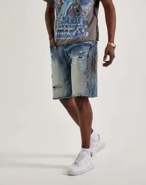 Sharp Cut Smoke Rise Studded Patch Denim Shorts
