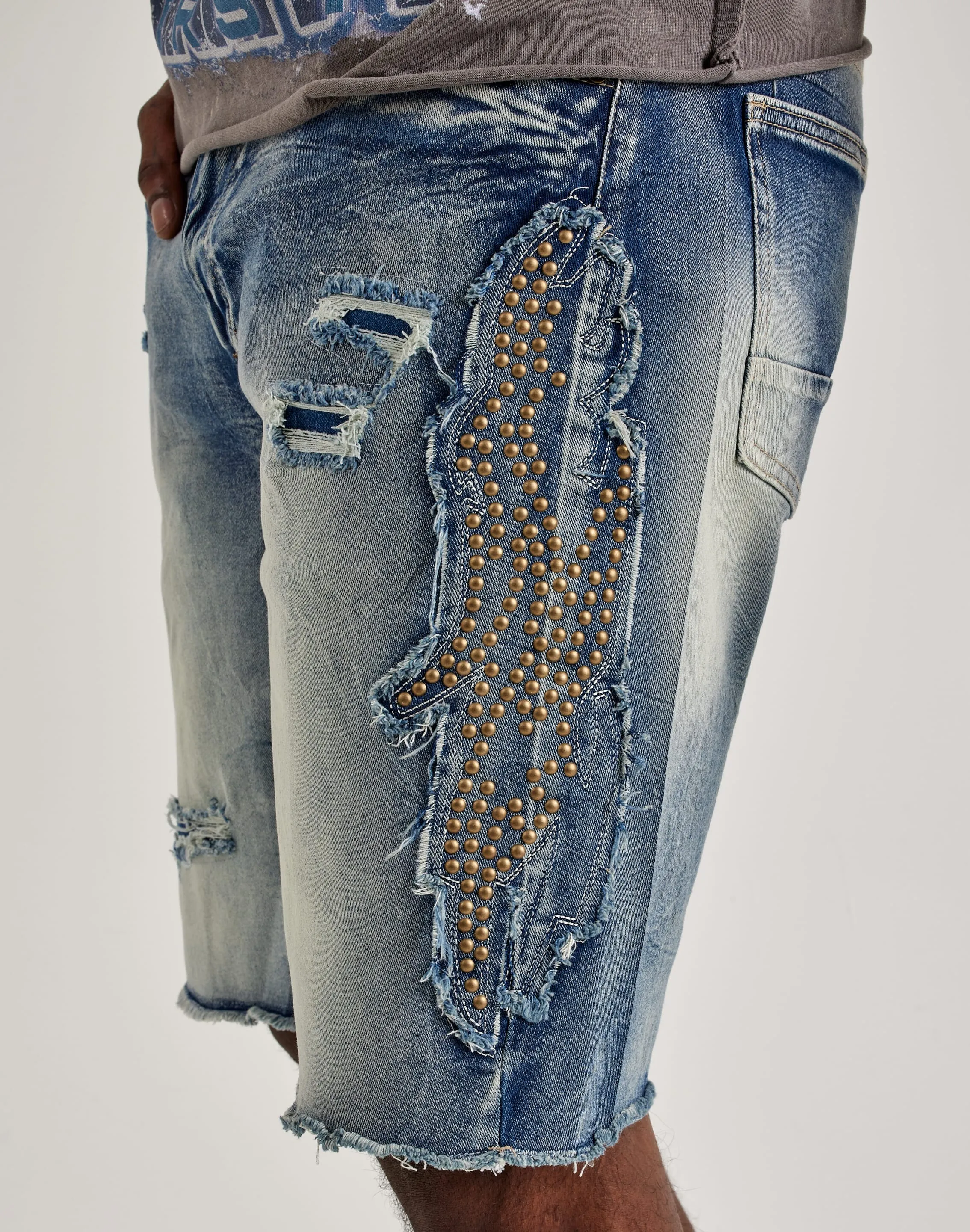 Smoke Rise Studded Patch Denim Shorts CrossBackStructure NonSlip Grips