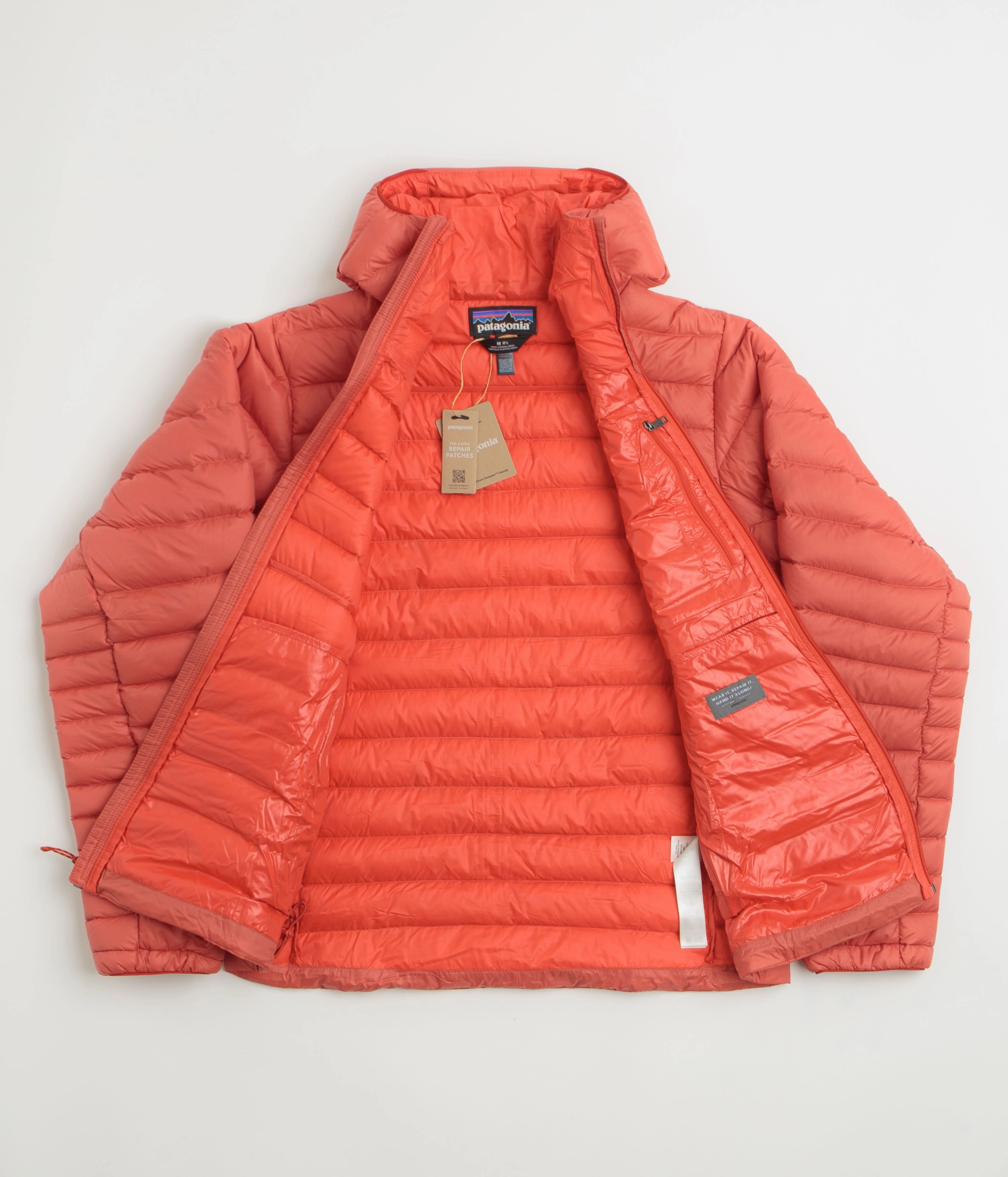 Patagonia Down Sweater Hoodie Jacket - Amanita Red Ventilation Grommets Packable Construction