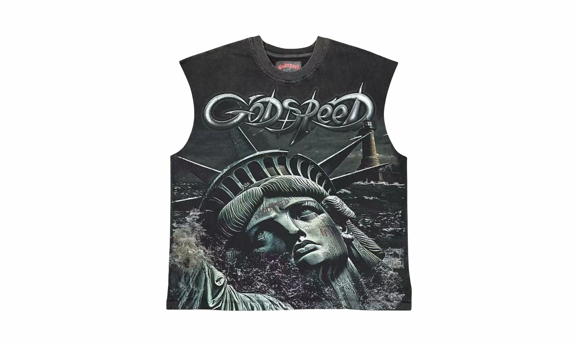 Sunken Liberty 2 Sleeveless Tee "Black Wash" TagFreeDesign World Glow