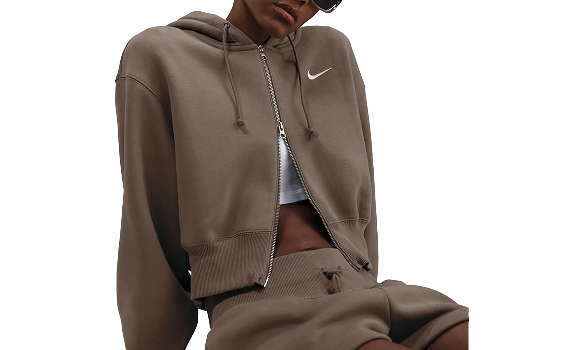 Phoenix Fleece Loose Cropped Full Zip Hoodie "Mink Brown"