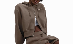 Phoenix Fleece Loose Cropped Full Zip Hoodie "Mink Brown"