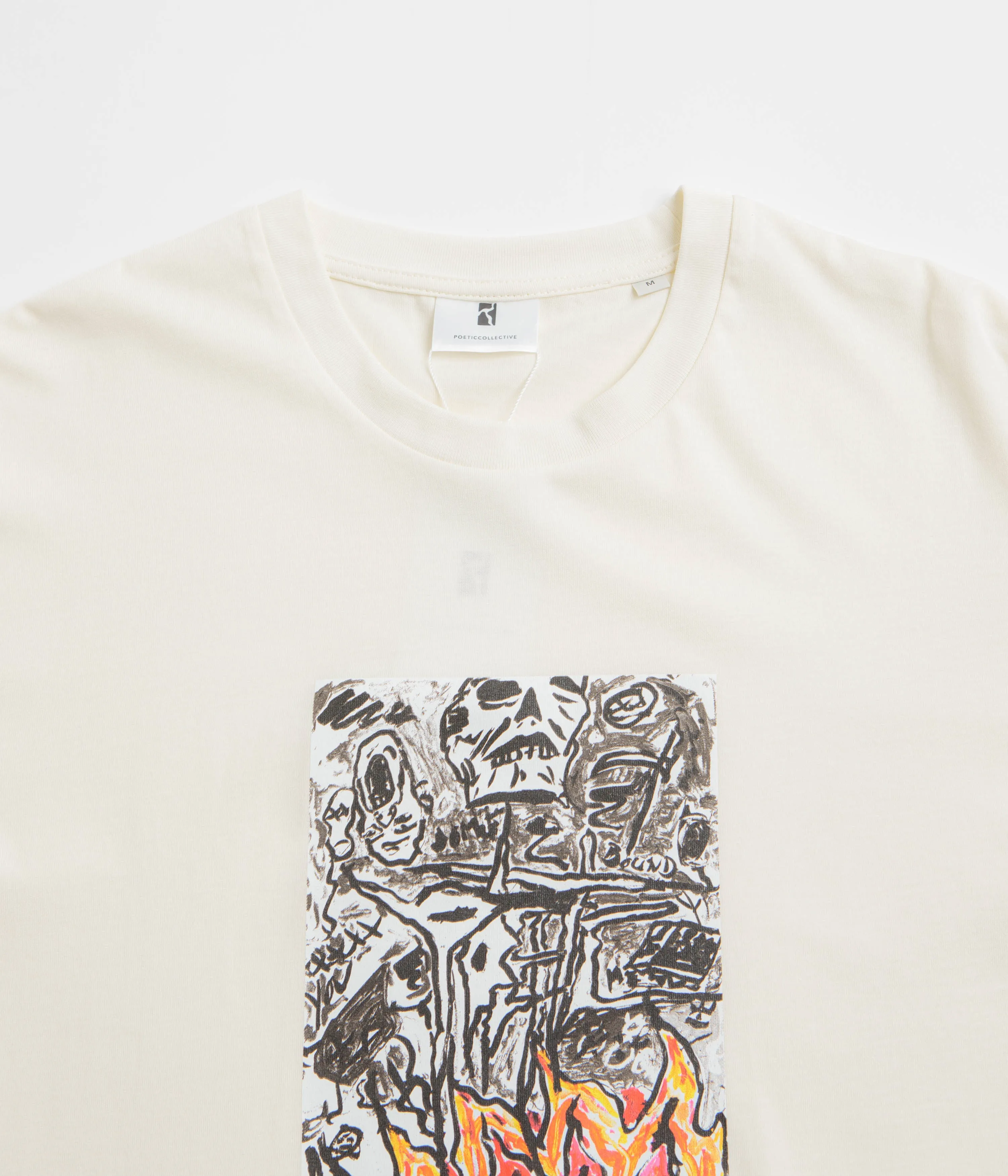 Poetic Collective Burning Skull T-Shirt - Ivory short hem pocket