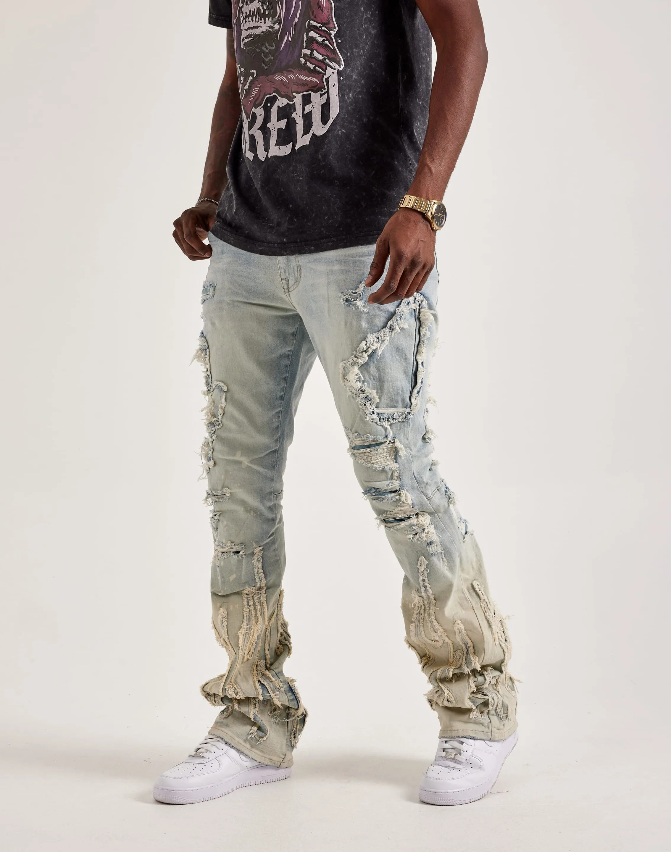 SeamlessPockets BalancedDrape Smoke Rise Flame Rip & Repair Stacked Jeans