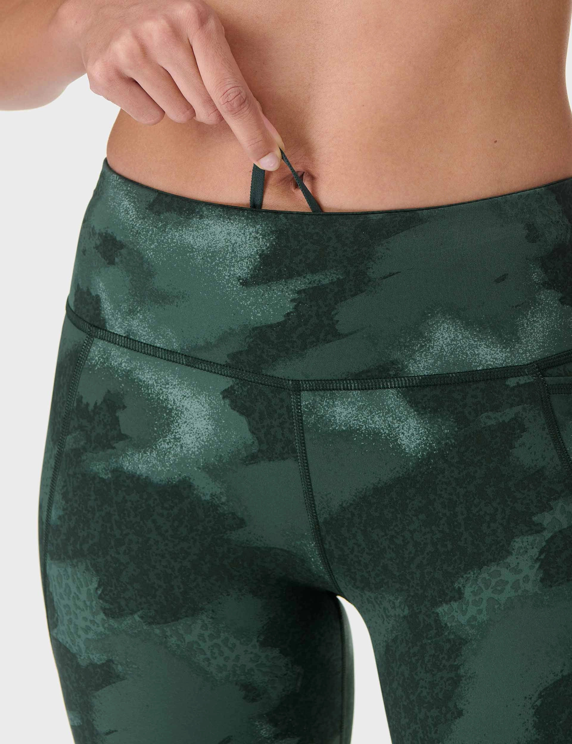 Power 7/8 Gym Leggings - Green Terrain Camo Print Comfort Seeker Morning Stretch Breathable Material