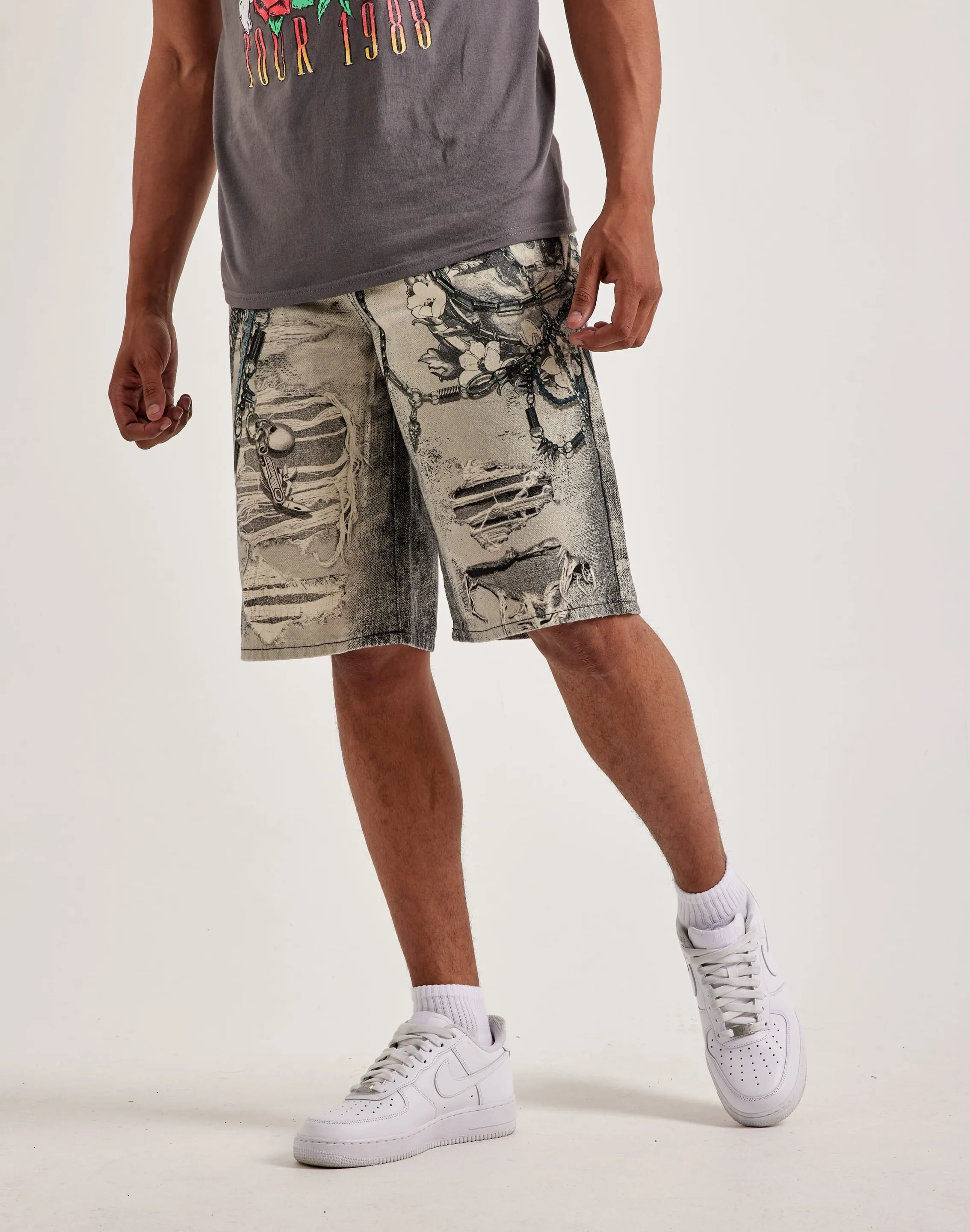 Stretchable Material Preme Printed Chain Denim Shorts