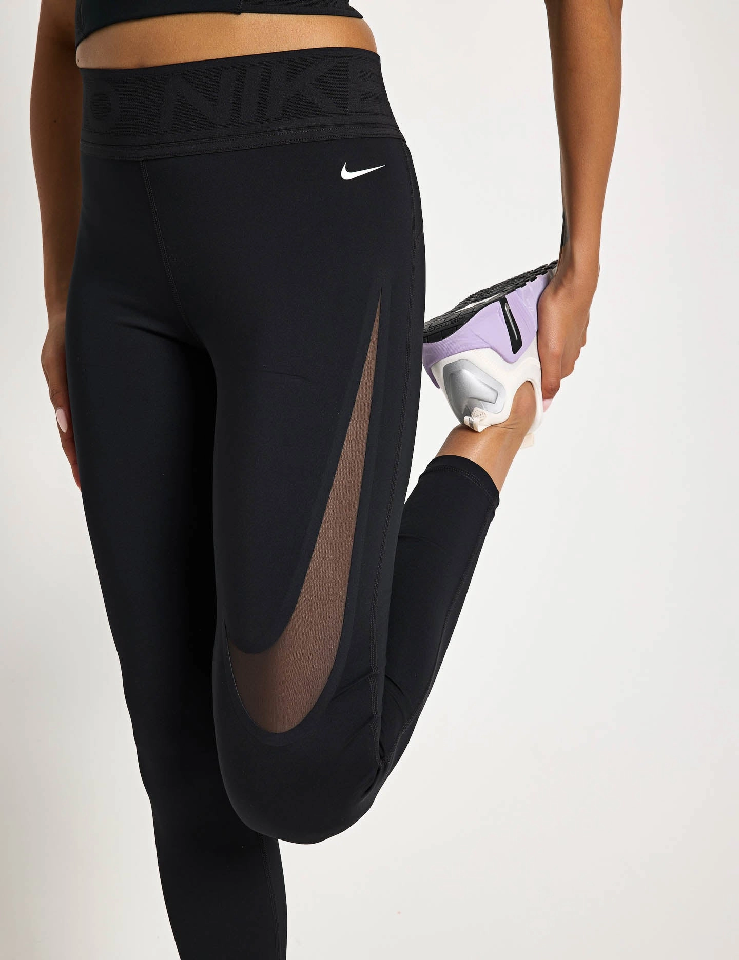 Mesh Panel Outdoor Running Cross Waist Design Pro Sculpt High Waisted Full-Length Leggings - Black/White