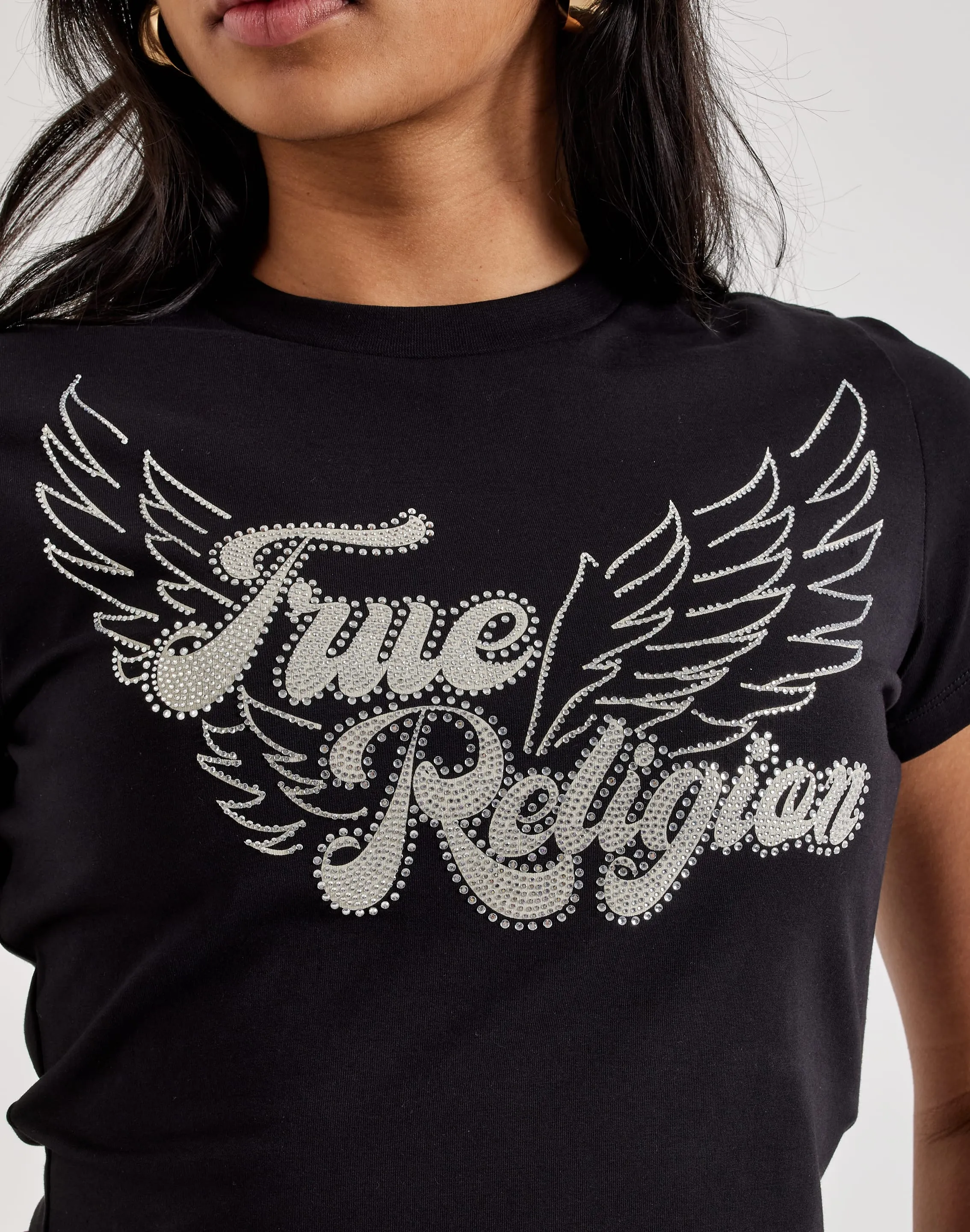 True Religion Crystal Wing Baby Tee Halo Glow