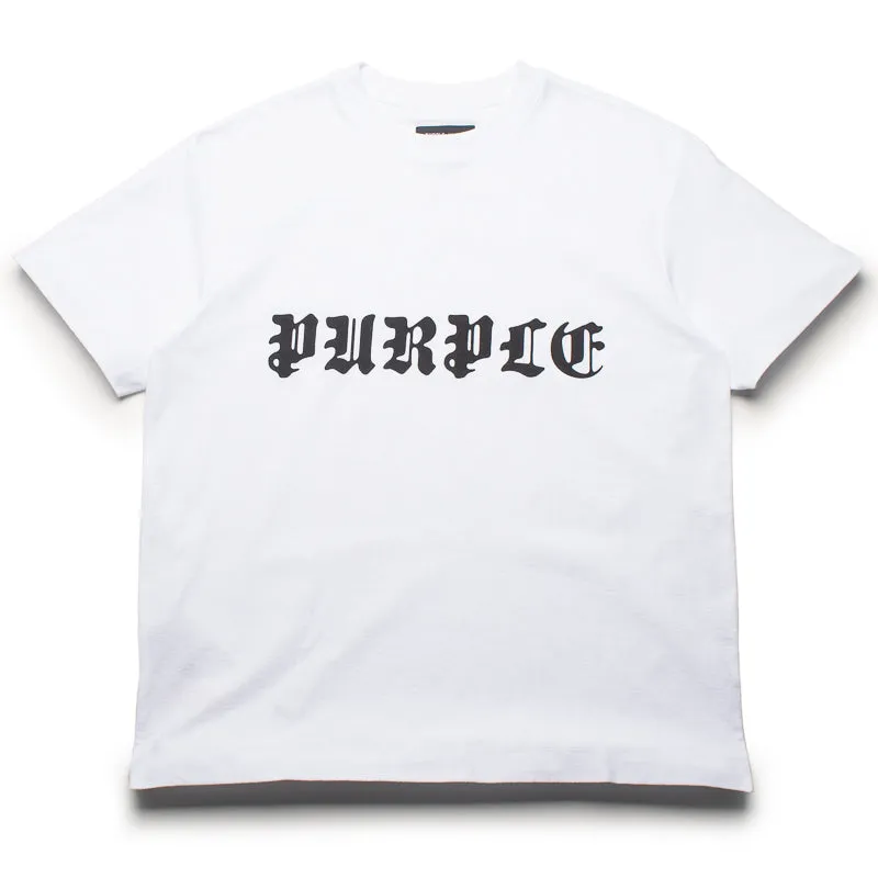 Square Neck Purple Brand Gothic Wordmark Tee - White