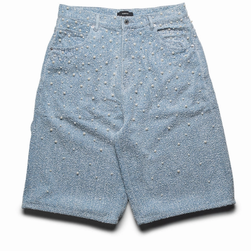 Ergonomic Pattern Cutting Purple Brand Textured Pearl Denim Shorts - Light Indigo
