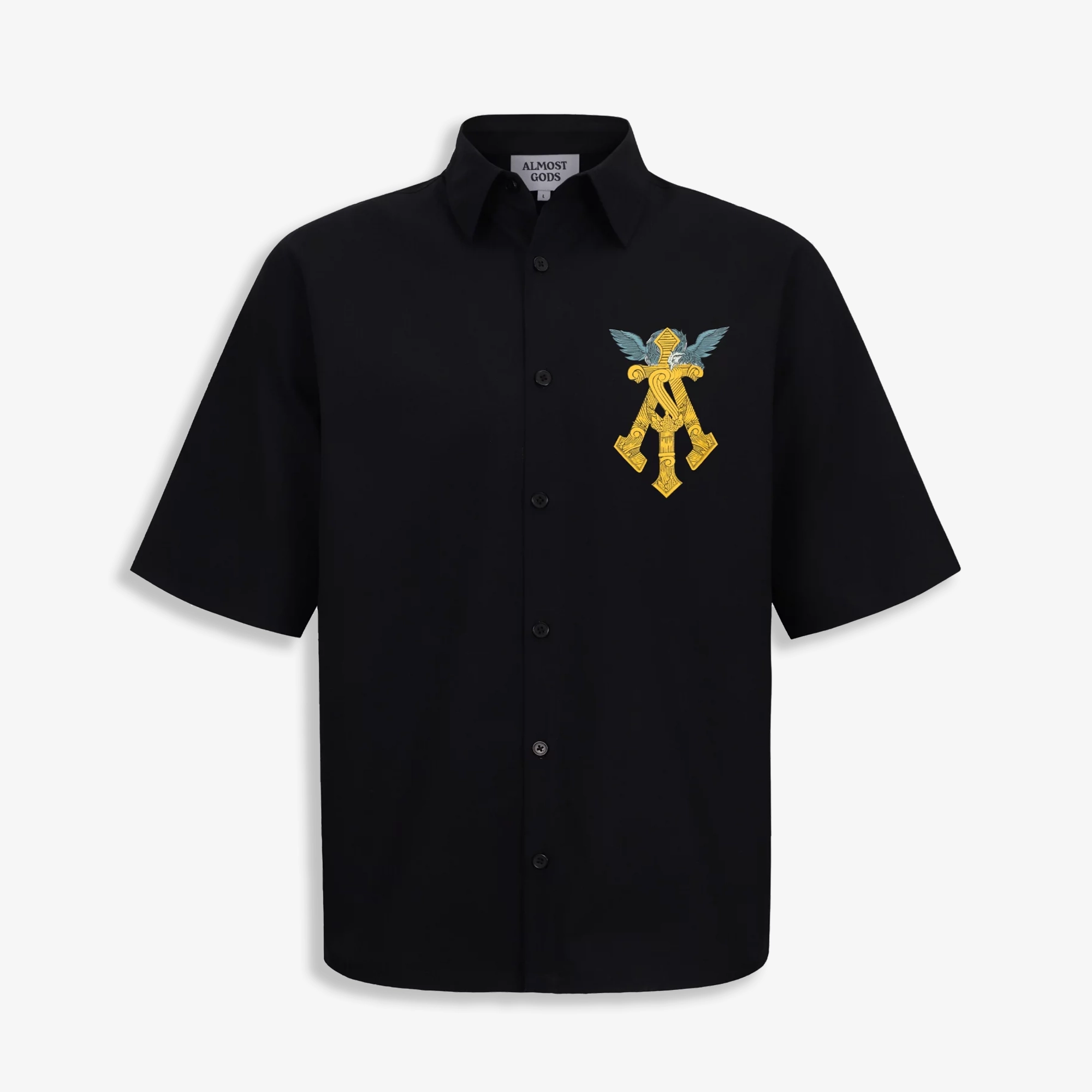 ALMOST GODS | GILDED ALPHA CROSS RELAXED SHIRT { BLACK Frost Glow SustainableCertified