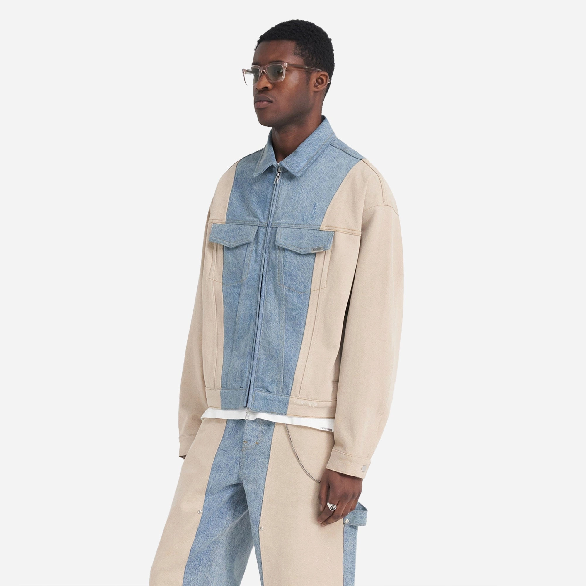 REPRESENT | R4 COLOUR BLOCK DENIM JACKET { BLUE Tale Core Holiday Ease