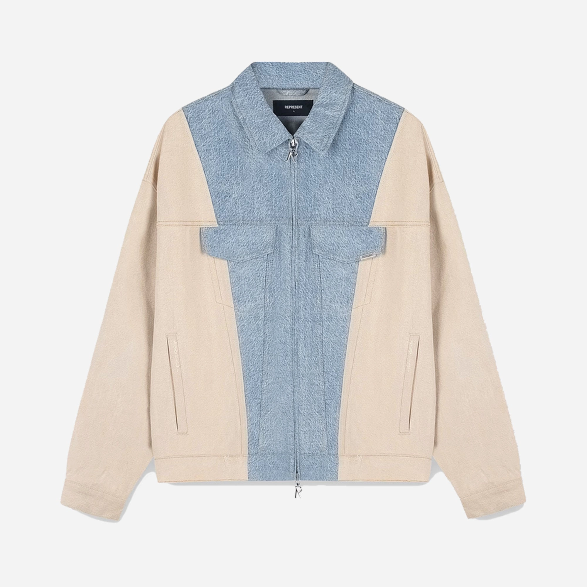 WaterRepellent REPRESENT | R4 COLOUR BLOCK DENIM JACKET { BLUE