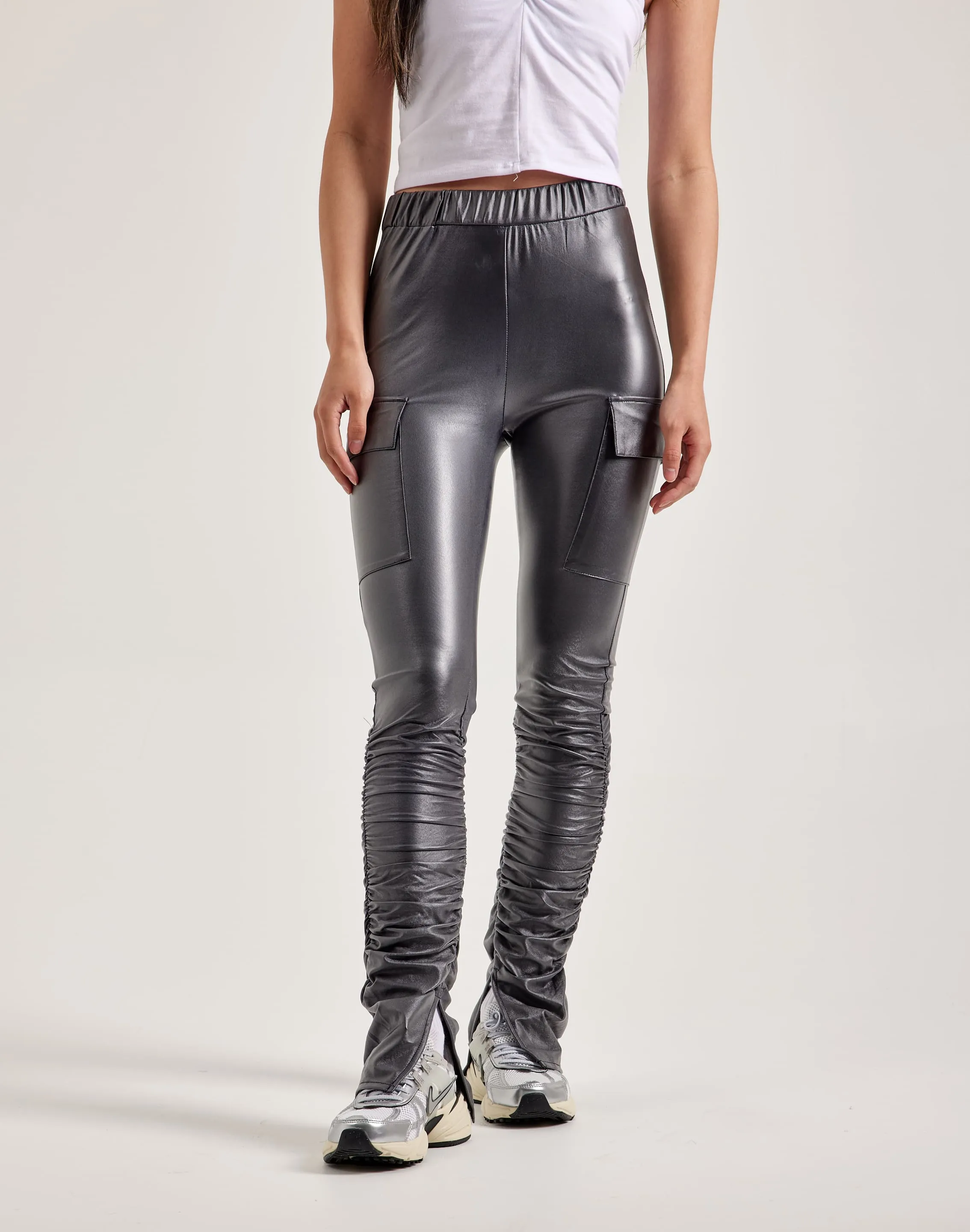 Red Fox Stacked PU Leggings DoubleStitched Adjustable drawstring