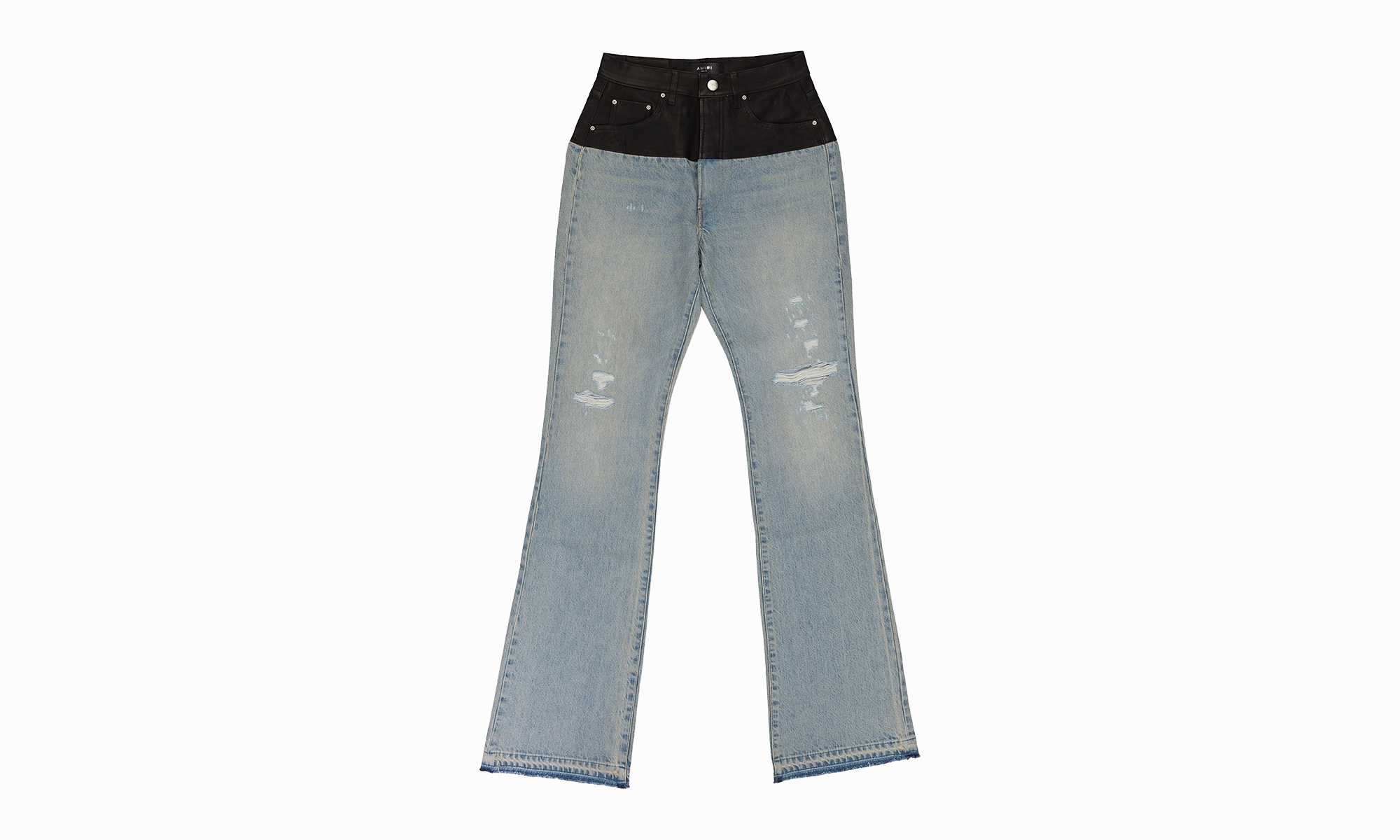 Hybrid Bootleg Jeans w/ Leather "SKY INDIGO / BLACK" Stylish Casual Low Effort