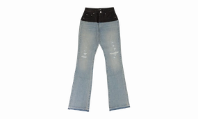 Hybrid Bootleg Jeans w/ Leather "SKY INDIGO / BLACK" Stylish Casual Low Effort