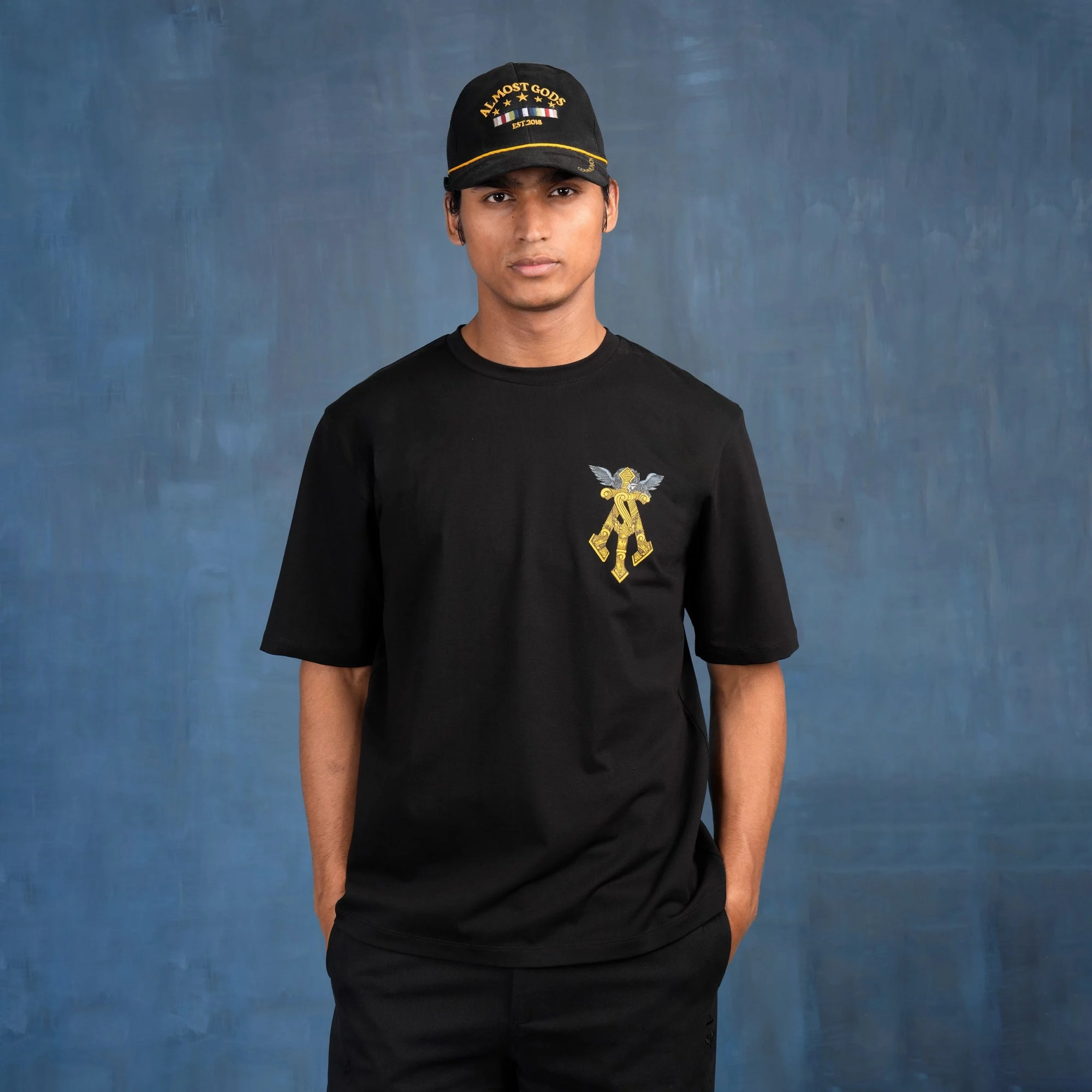 ALMOST GODS | GILDED ALPHA CROSS RELAXED TEE { BLACK/GOLD SweatAbsorbingTexture Daily Style