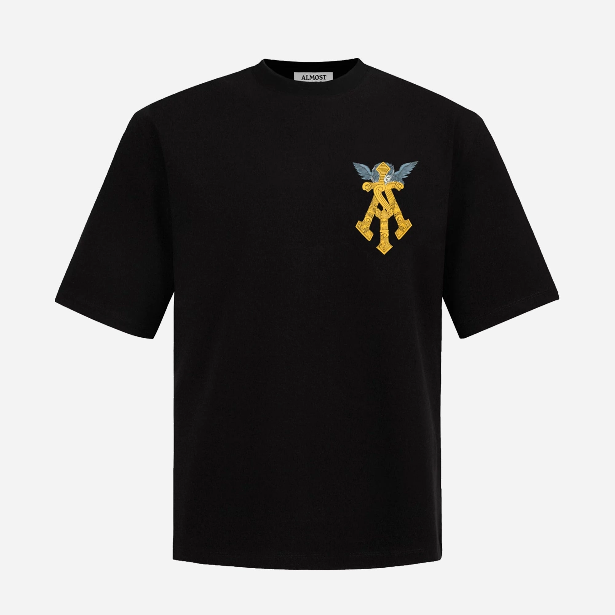 Smart Casual Office Glam ALMOST GODS | GILDED ALPHA CROSS RELAXED TEE { BLACK/GOLD