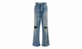 Regular Leg Jeans With Knee Slash "Blue" Universal Style Formal Classic Wear Loose
