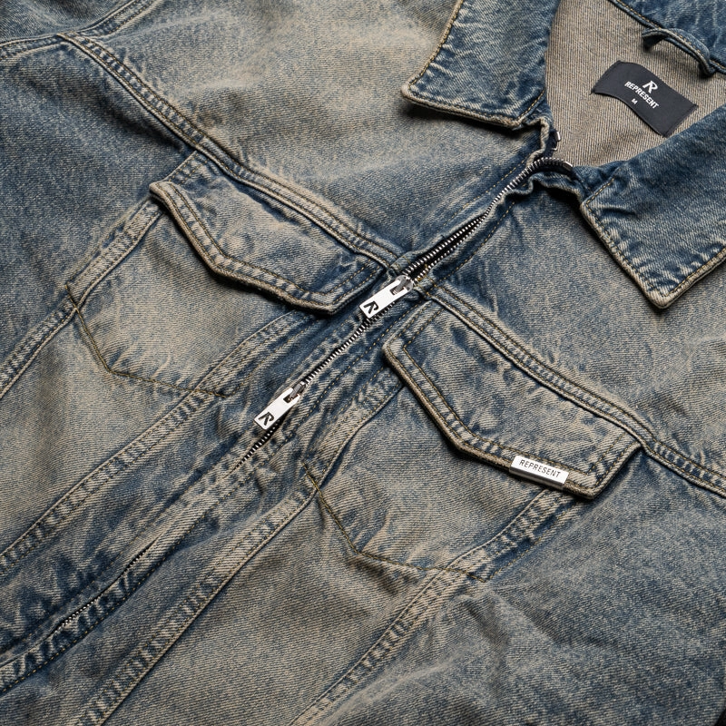 Thermal Lining Classic Jacket Fit Represent R4 Denim Jacket - Blue/Cream