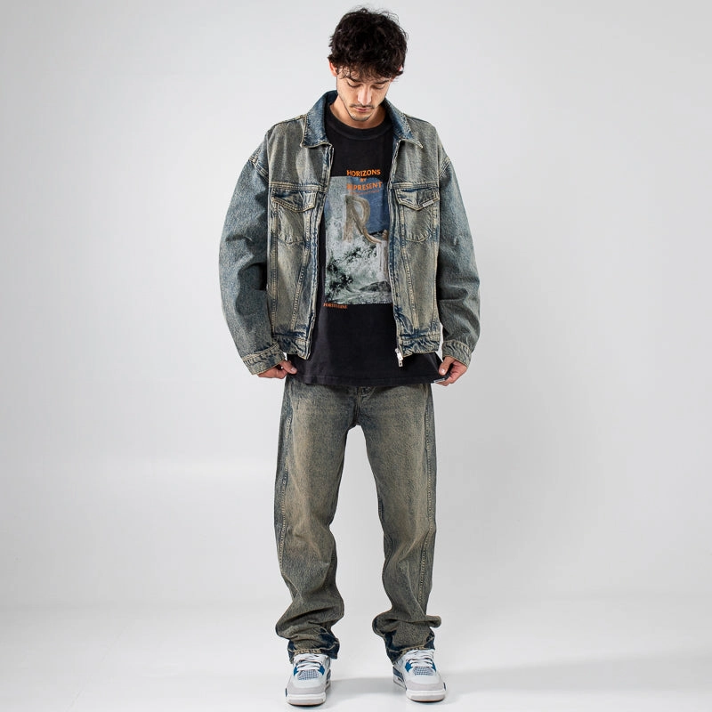 Articulated Sleeve Cut Hidden Zipper Closure Represent R4 Denim Jacket - Blue/Cream