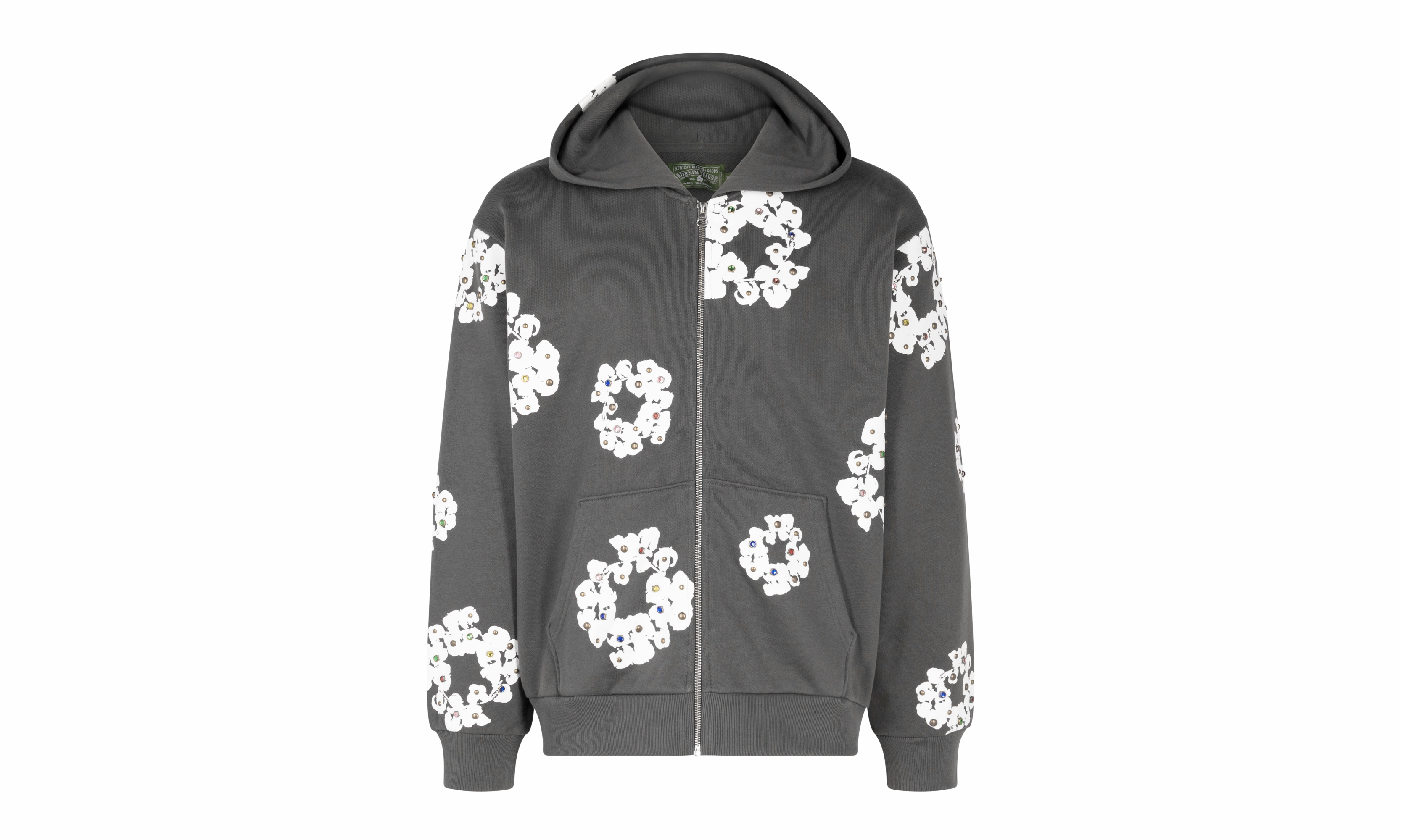 Rhinestone Cotton Wreath Zip Hoodie "Vintage Black"