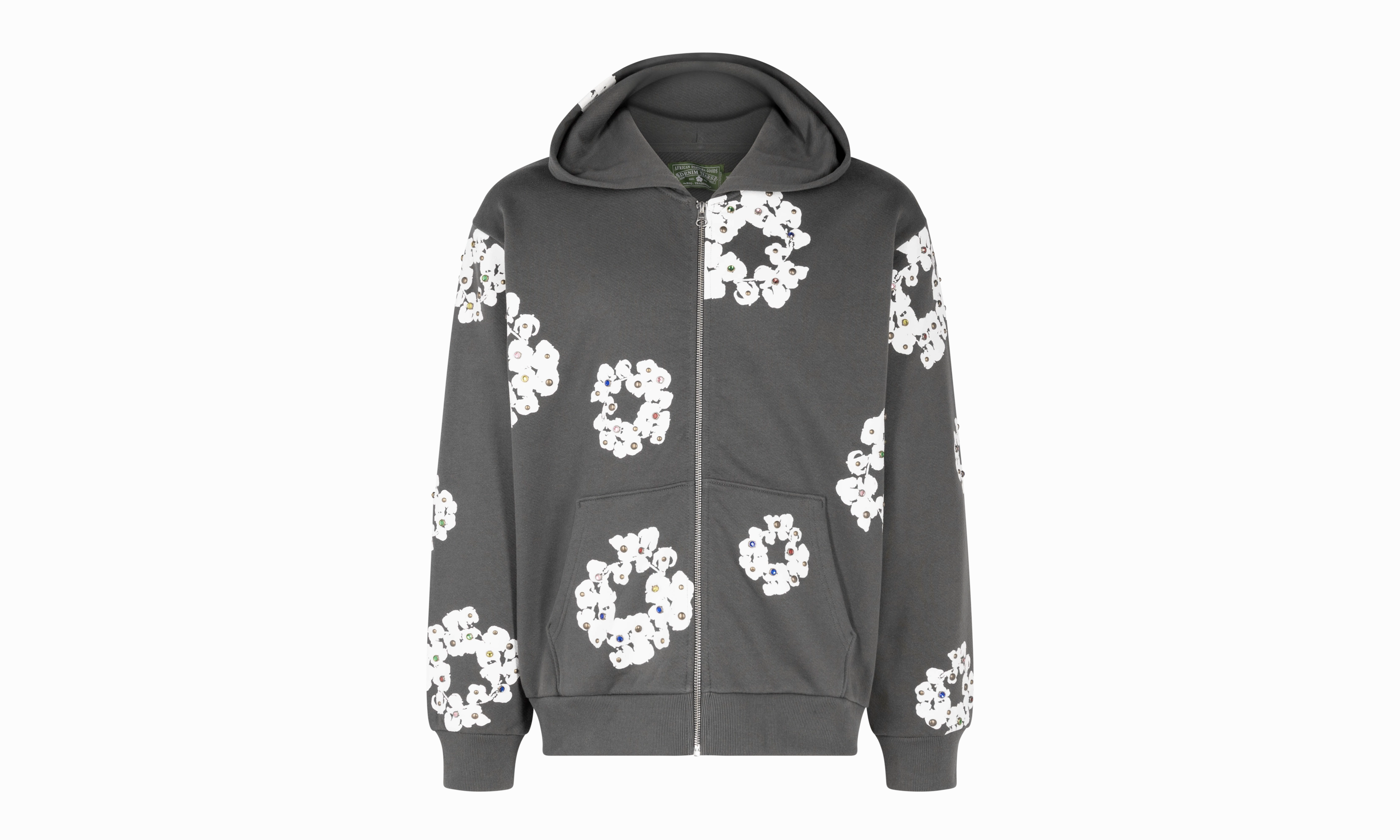 Rhinestone Cotton Wreath Zip Hoodie "Vintage Black"